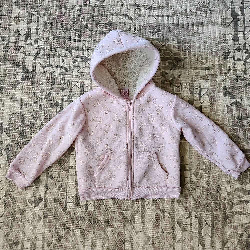 Real Love Girl's 3T Pink Fleece Lined Hooded Zip-up Jacket with Shiny Unicorns